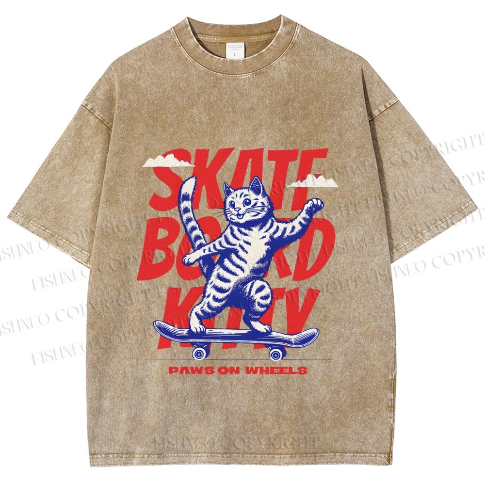 Unisex Happy Cat Skating Printed Washed Tee
