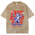 Unisex Happy Cat Skating Printed Washed Tee