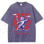 Unisex Happy Cat Skating Printed Washed Tee