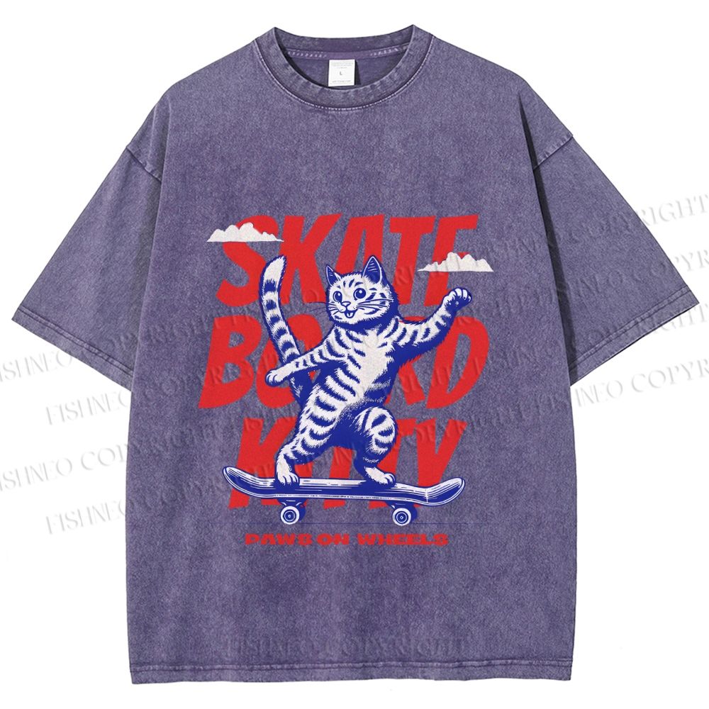 Unisex Happy Cat Skating Printed Washed Tee