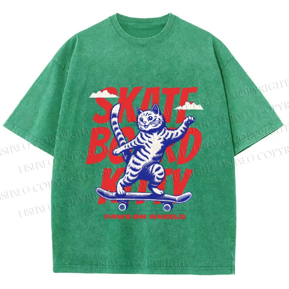 Unisex Happy Cat Skating Printed Washed Tee