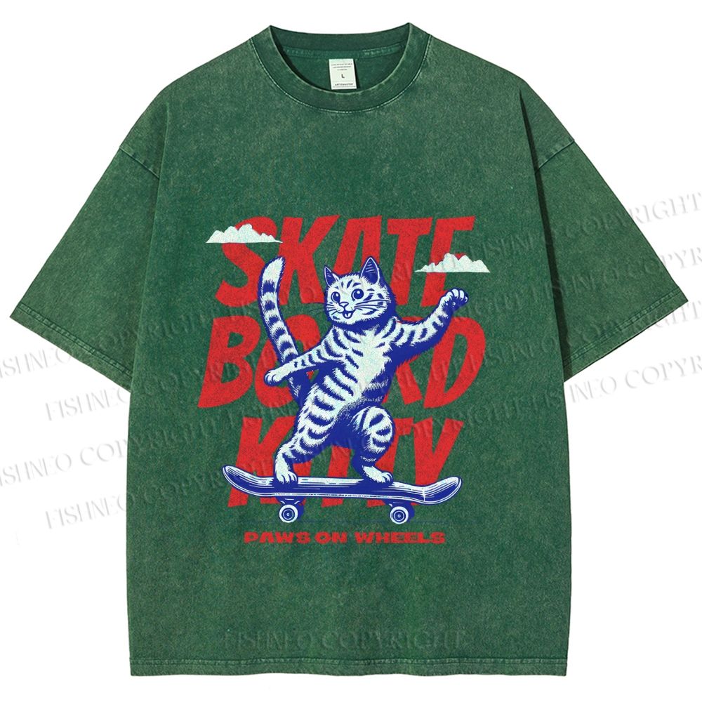 Unisex Happy Cat Skating Printed Washed Tee