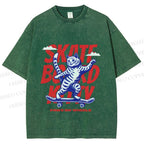 Unisex Happy Cat Skating Printed Washed Tee