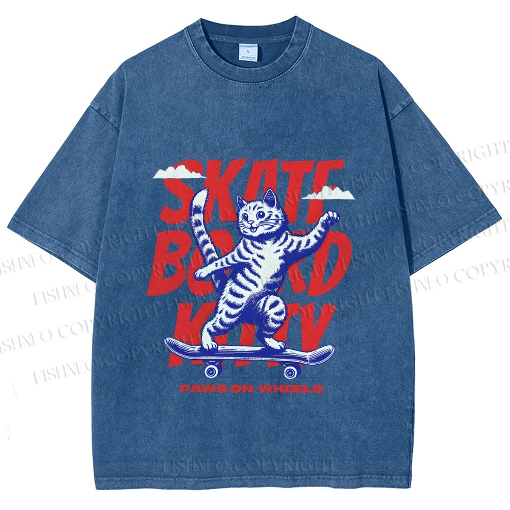 Unisex Happy Cat Skating Printed Washed Tee
