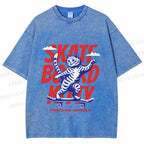 Unisex Happy Cat Skating Printed Washed Tee
