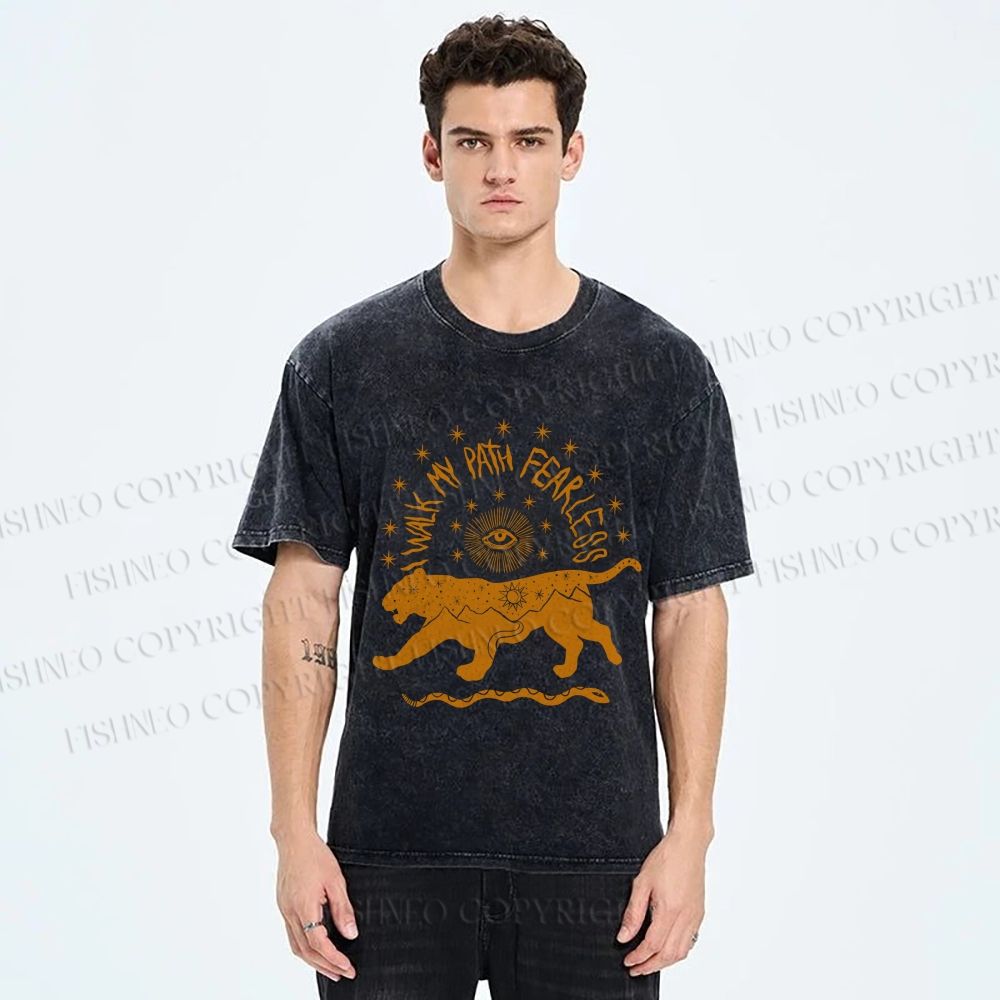 Unisex Panther Walk Path Fearless Printed Washed Tee