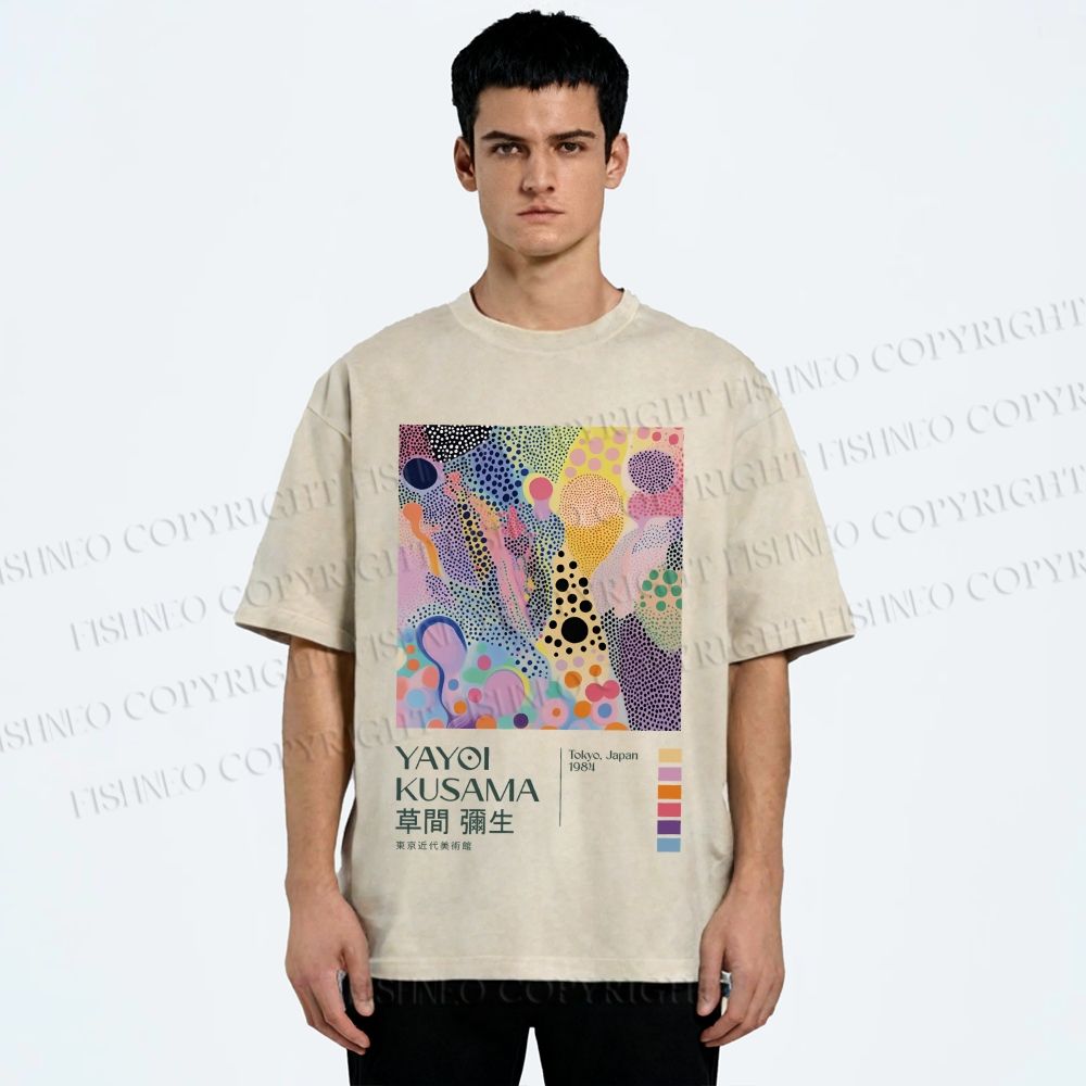 Unisex Yayoi Kusama Dots Graffiti Printed Washed Tee