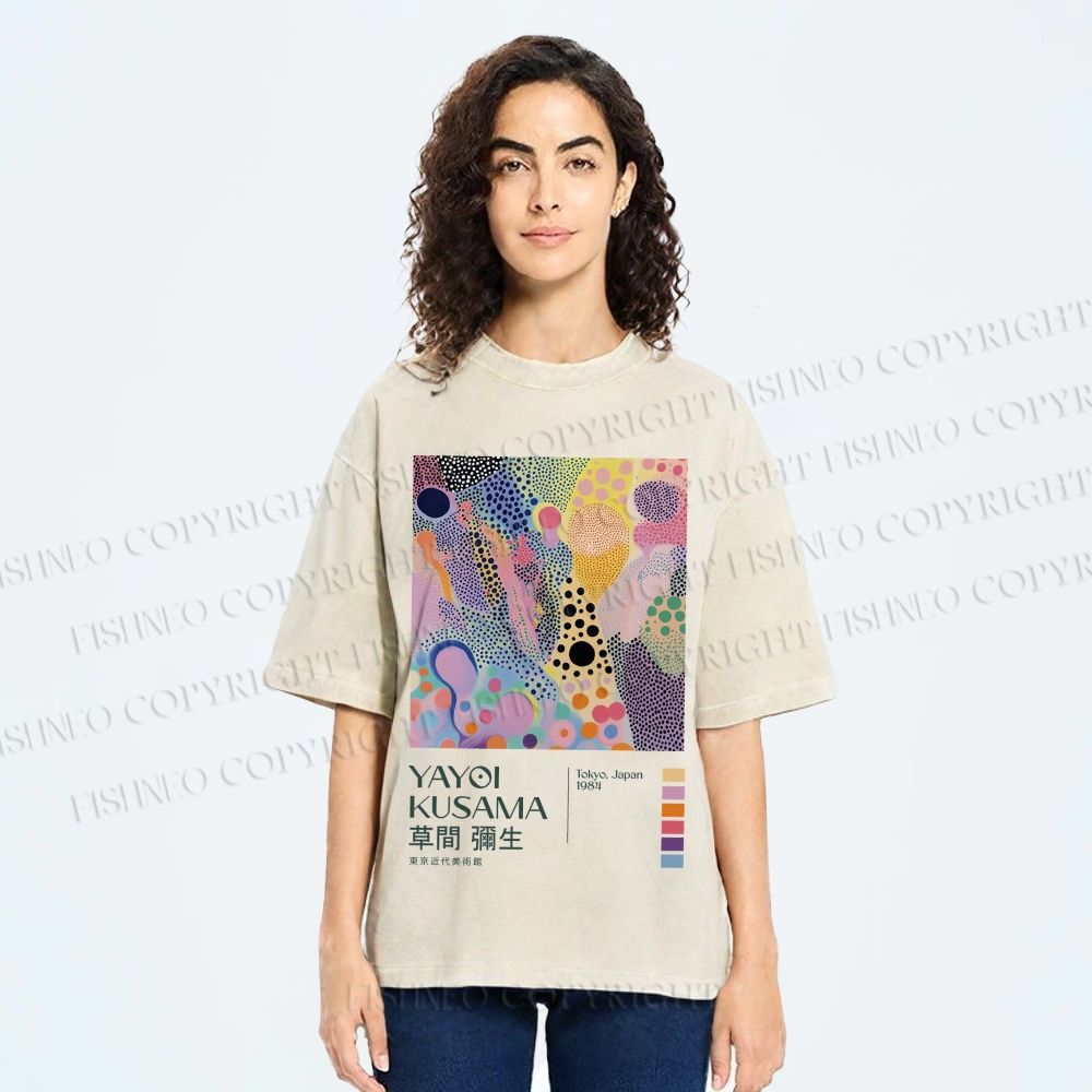 Unisex Yayoi Kusama Dots Graffiti Printed Washed Tee