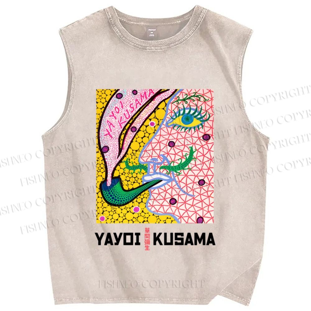Unisex Yayoi Kusama Abstract Human Face Printed Washed Tank Top