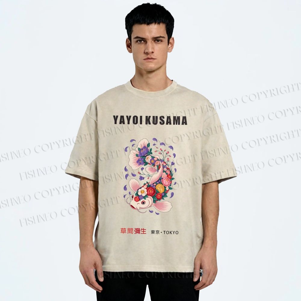 Unisex Yayoi Kusama Flowers Fish Printed Washed Tee