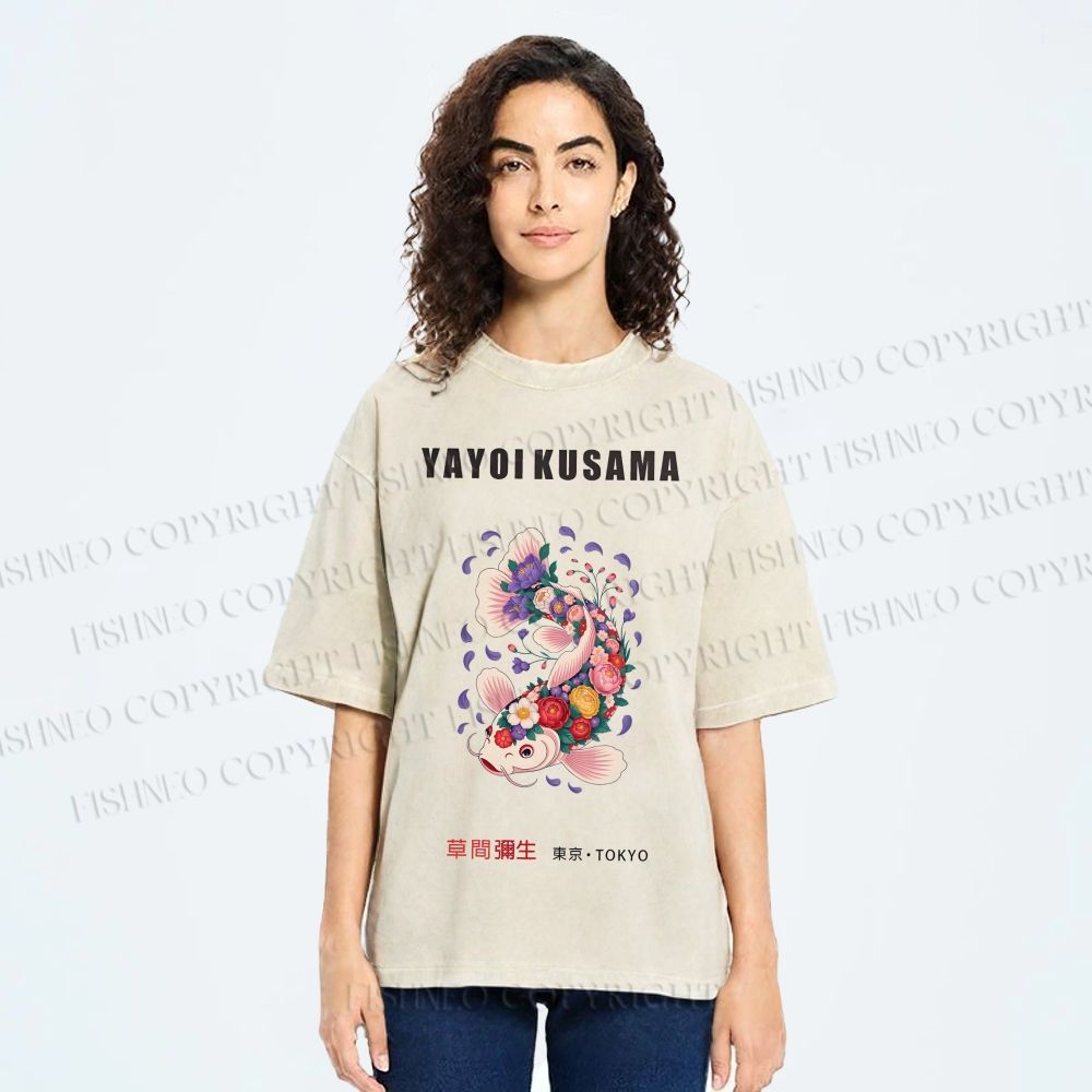 Unisex Yayoi Kusama Flowers Fish Printed Washed Tee
