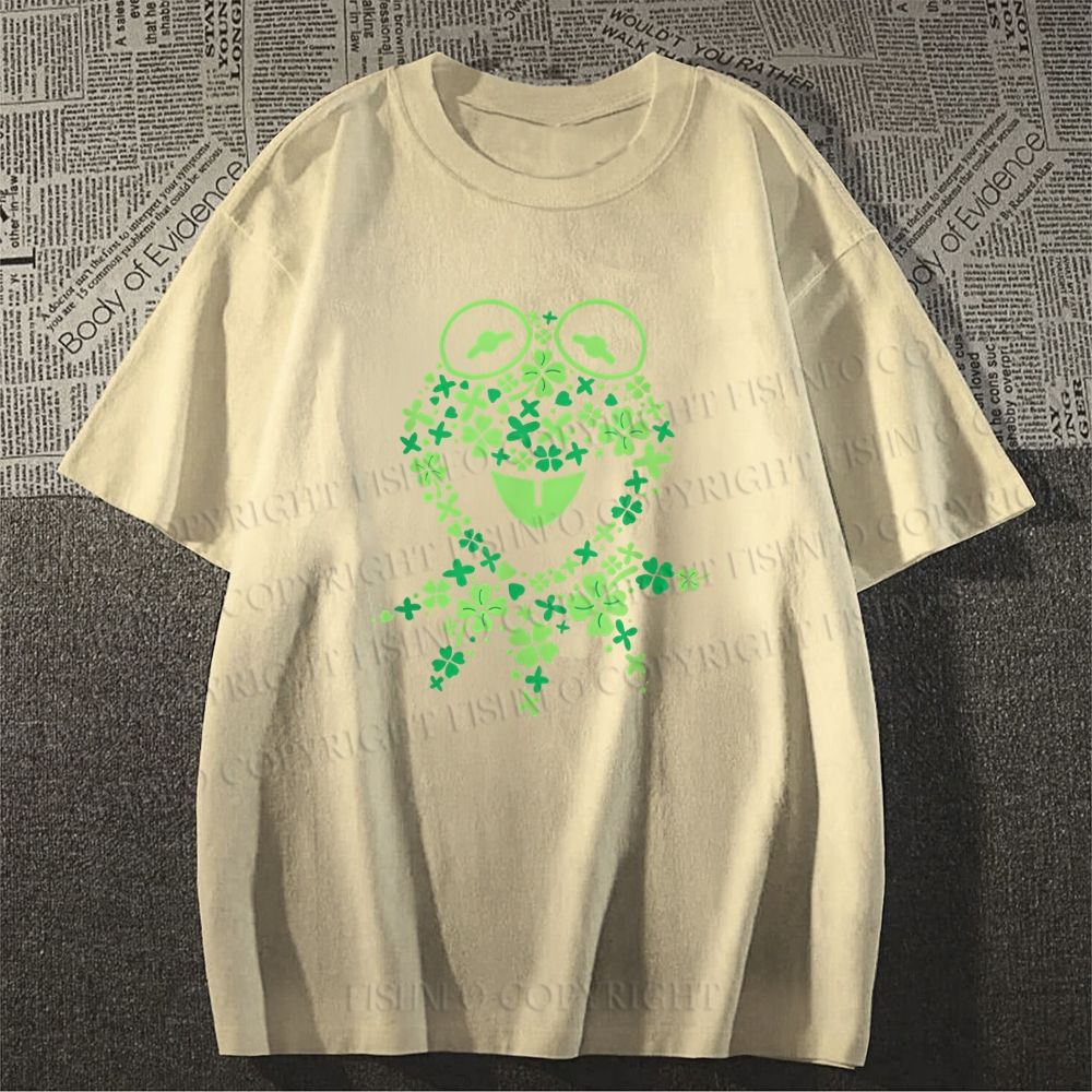 Unisex Classic Cotton Four-Leaf Clover Frog Printed Folded T-shirt