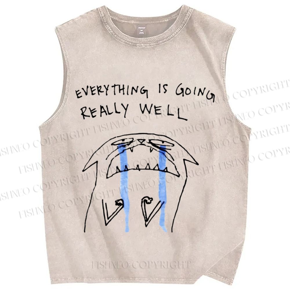 Unisex Everything Is Going Really Well Cat Printed Washed Tank Top