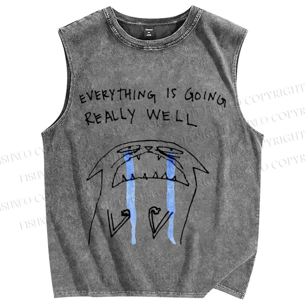 Unisex Everything Is Going Really Well Cat Printed Washed Tank Top
