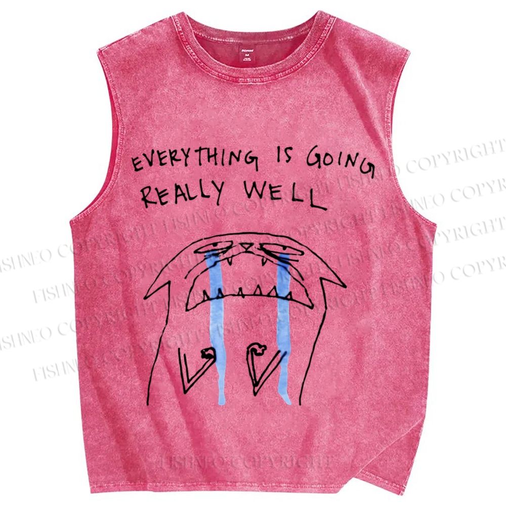 Unisex Everything Is Going Really Well Cat Printed Washed Tank Top