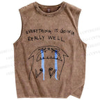 Unisex Everything Is Going Really Well Cat Printed Washed Tank Top