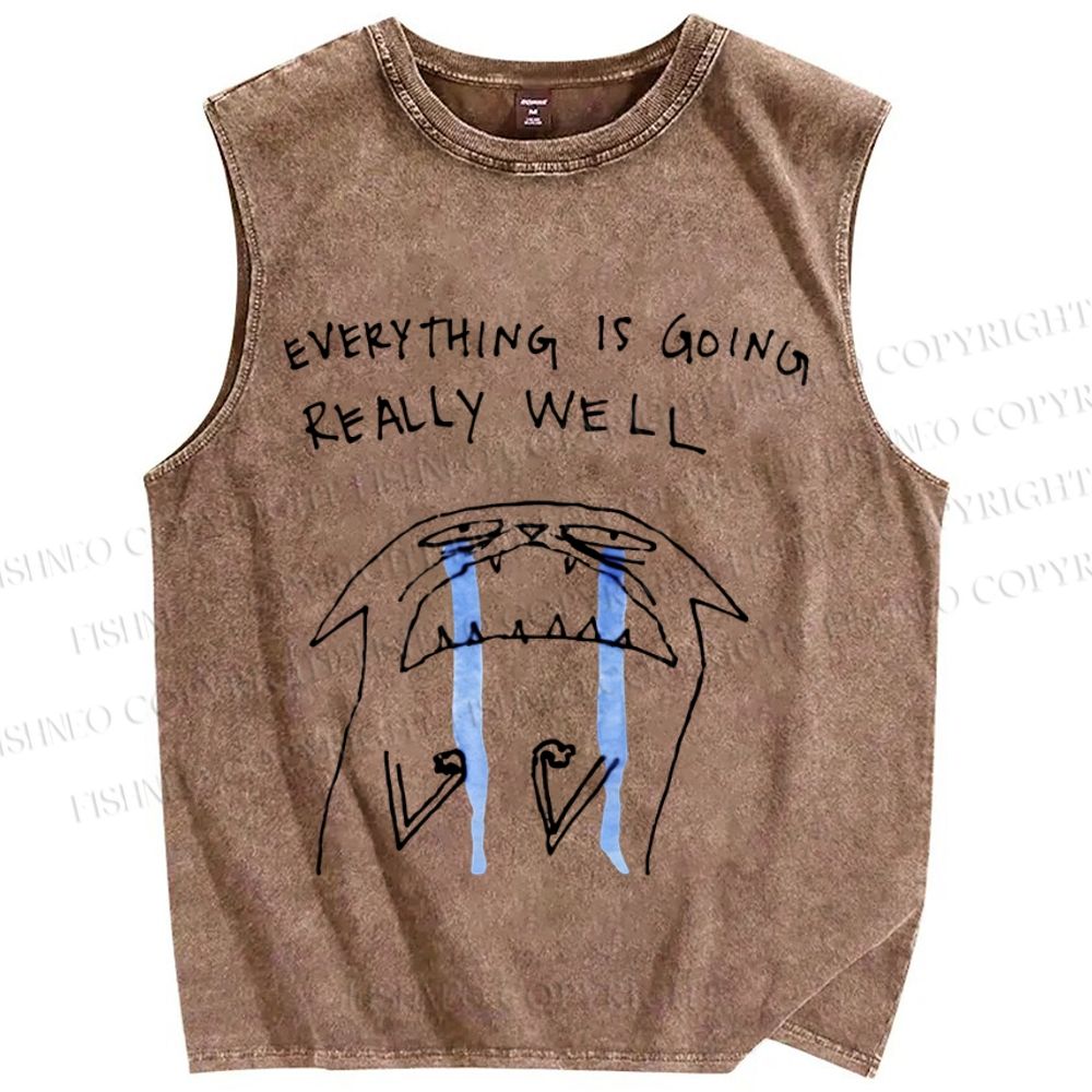 Unisex Everything Is Going Really Well Cat Printed Washed Tank Top