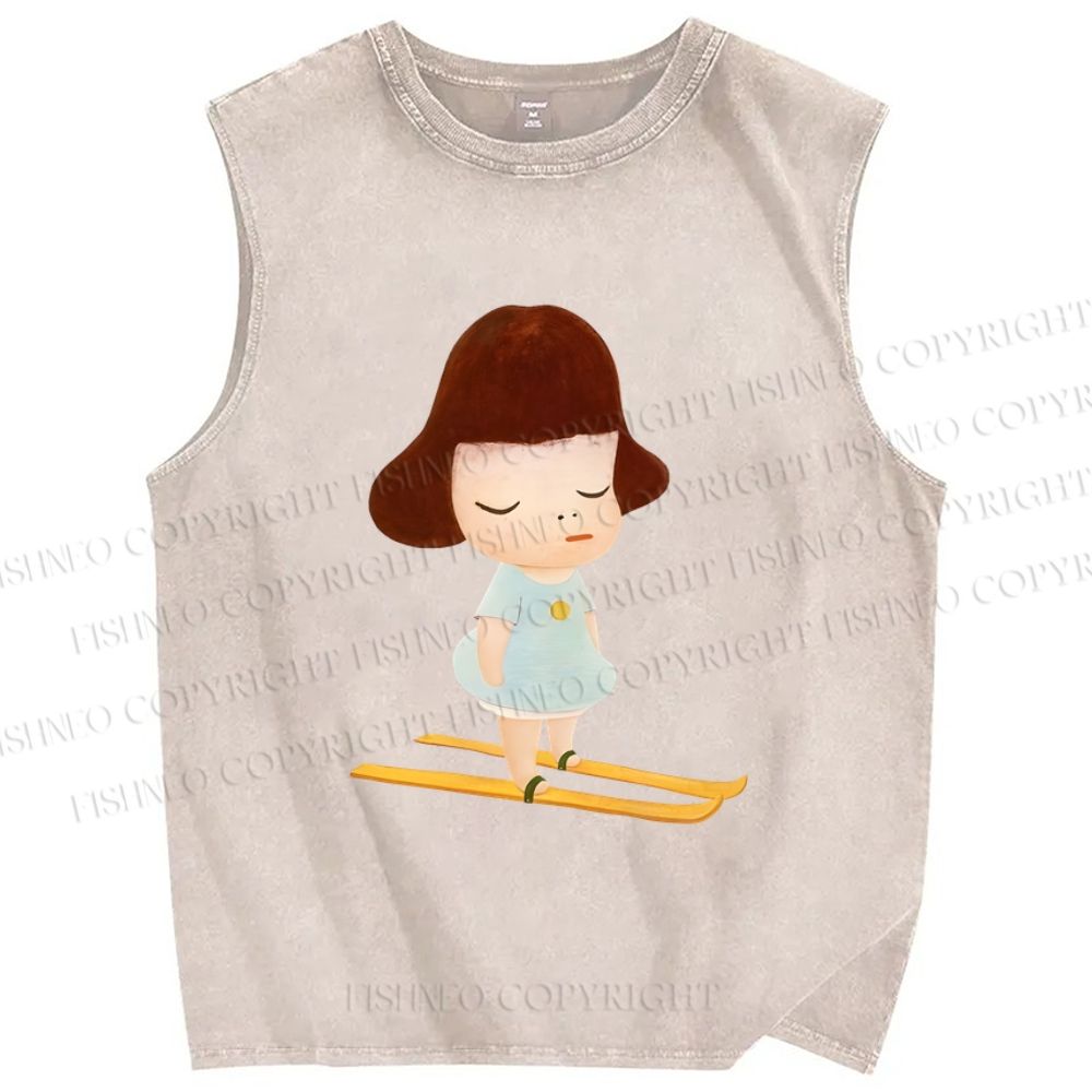Unisex Yayoi Kusama Skiing Girl Printed Washed Tank Top