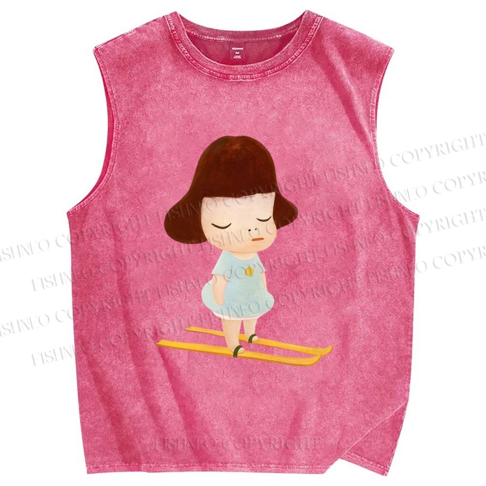 Unisex Yayoi Kusama Skiing Girl Printed Washed Tank Top