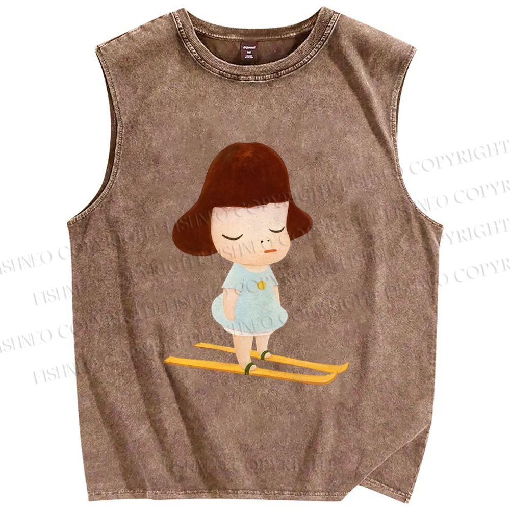 Unisex Yayoi Kusama Skiing Girl Printed Washed Tank Top