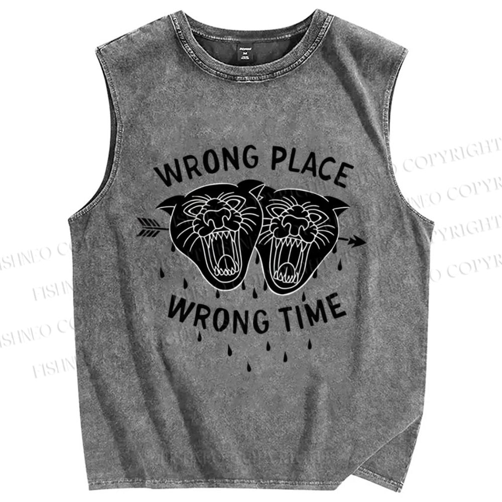 Unisex Wrong Place Wrong Time Black Panther Printed Washed Tank Top