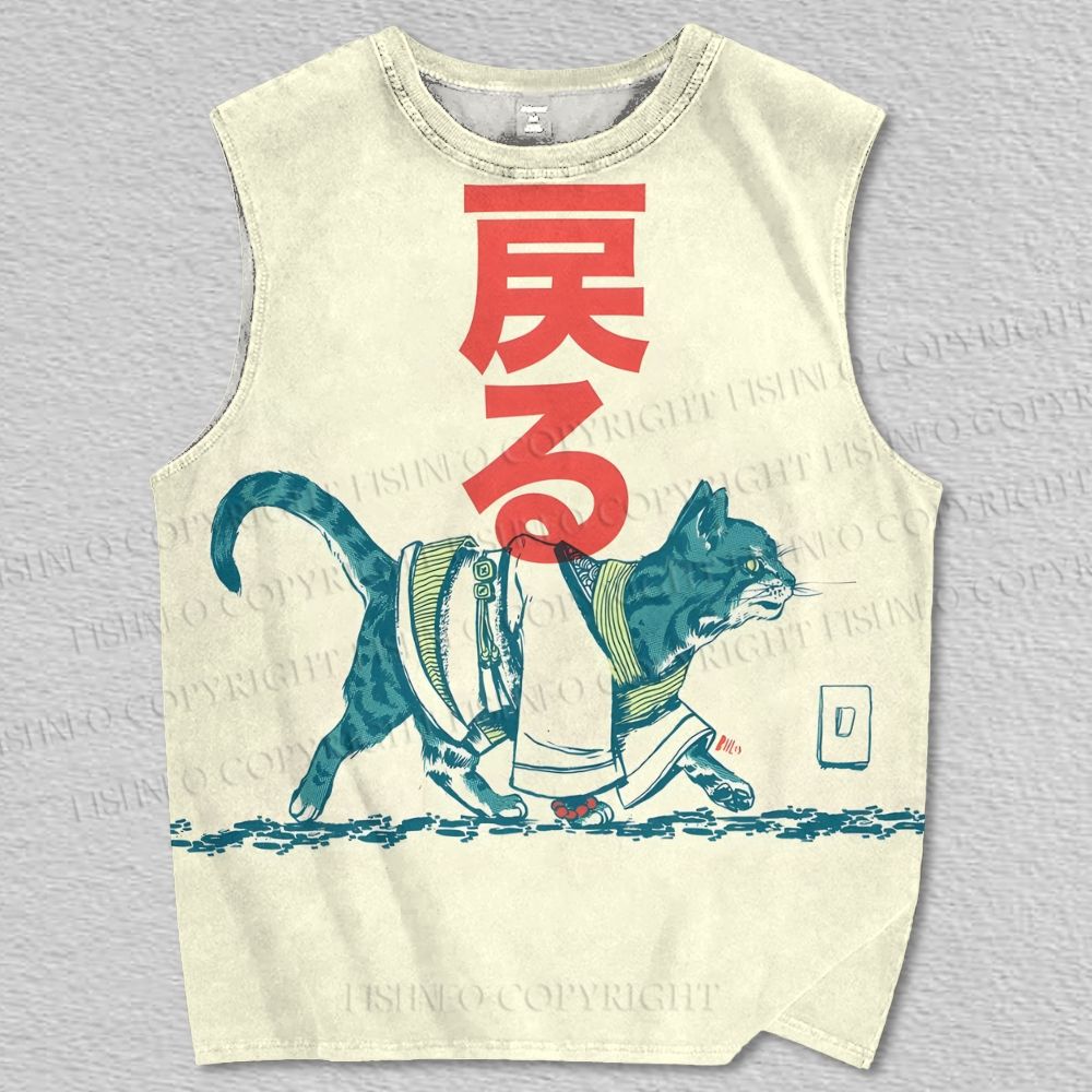 Unisex Back To Japanese Cat Printed Tank Top