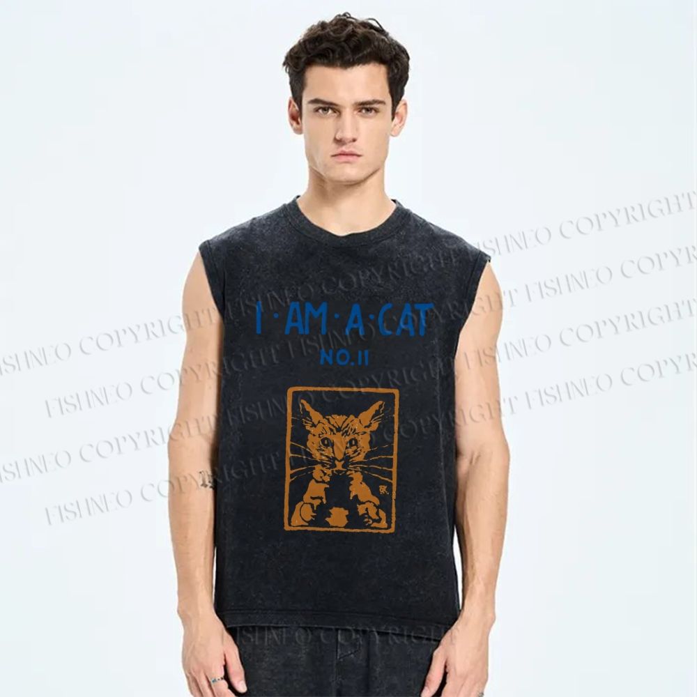 Unisex I Am A Cat Printed Washed Tank Top