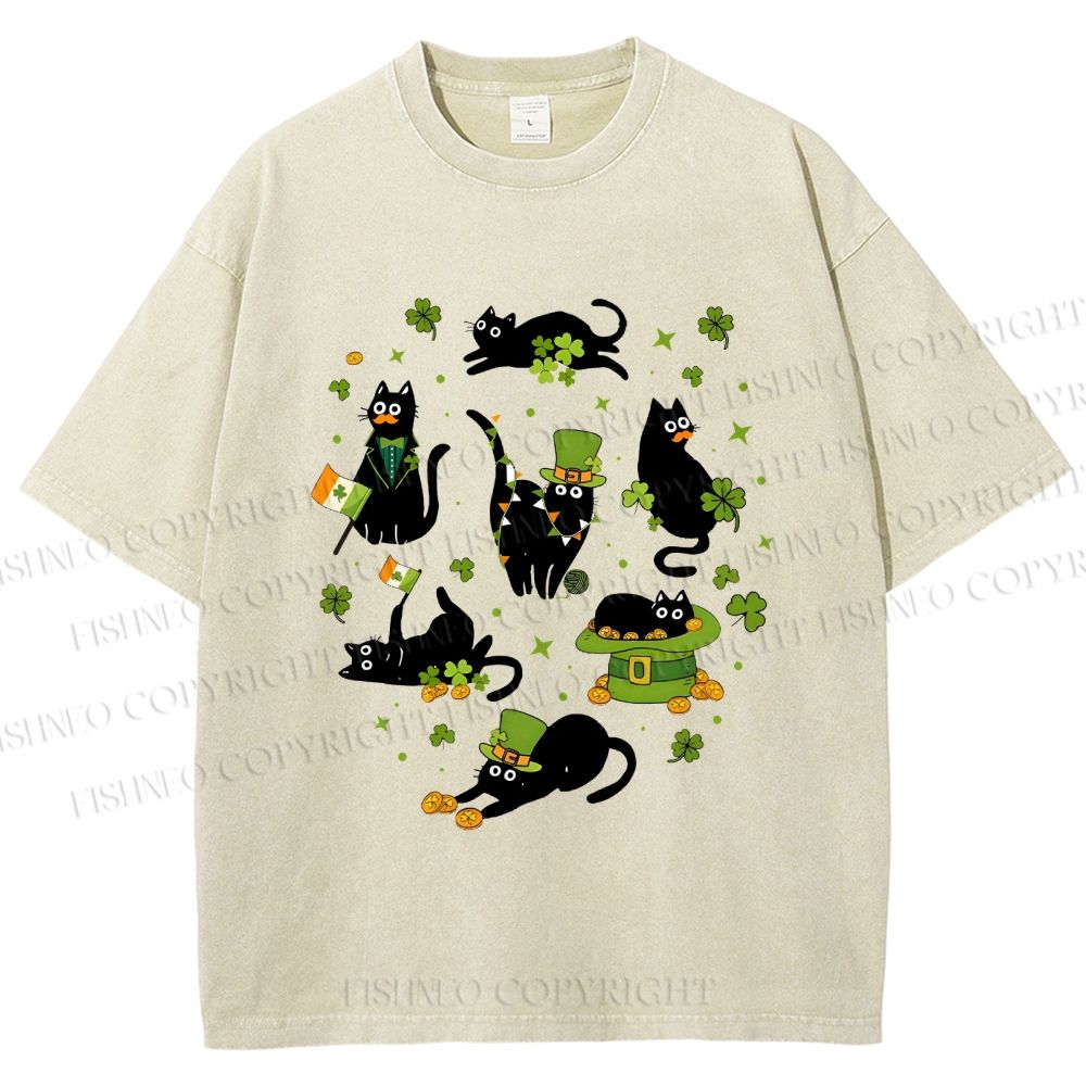 Unisex Four-Leaf Clover Cat Printed Washed Tee