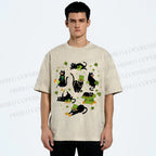 Unisex Four-Leaf Clover Cat Printed Washed Tee