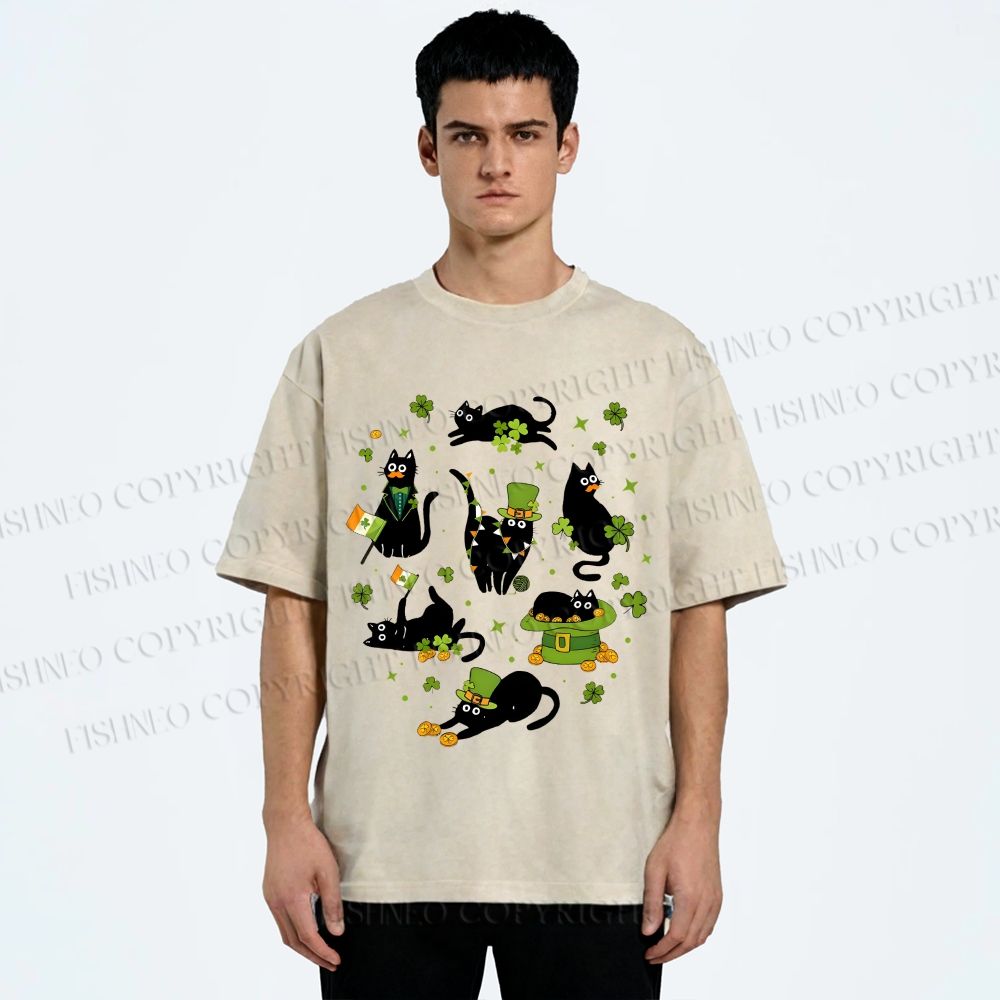 Unisex Four-Leaf Clover Cat Printed Washed Tee