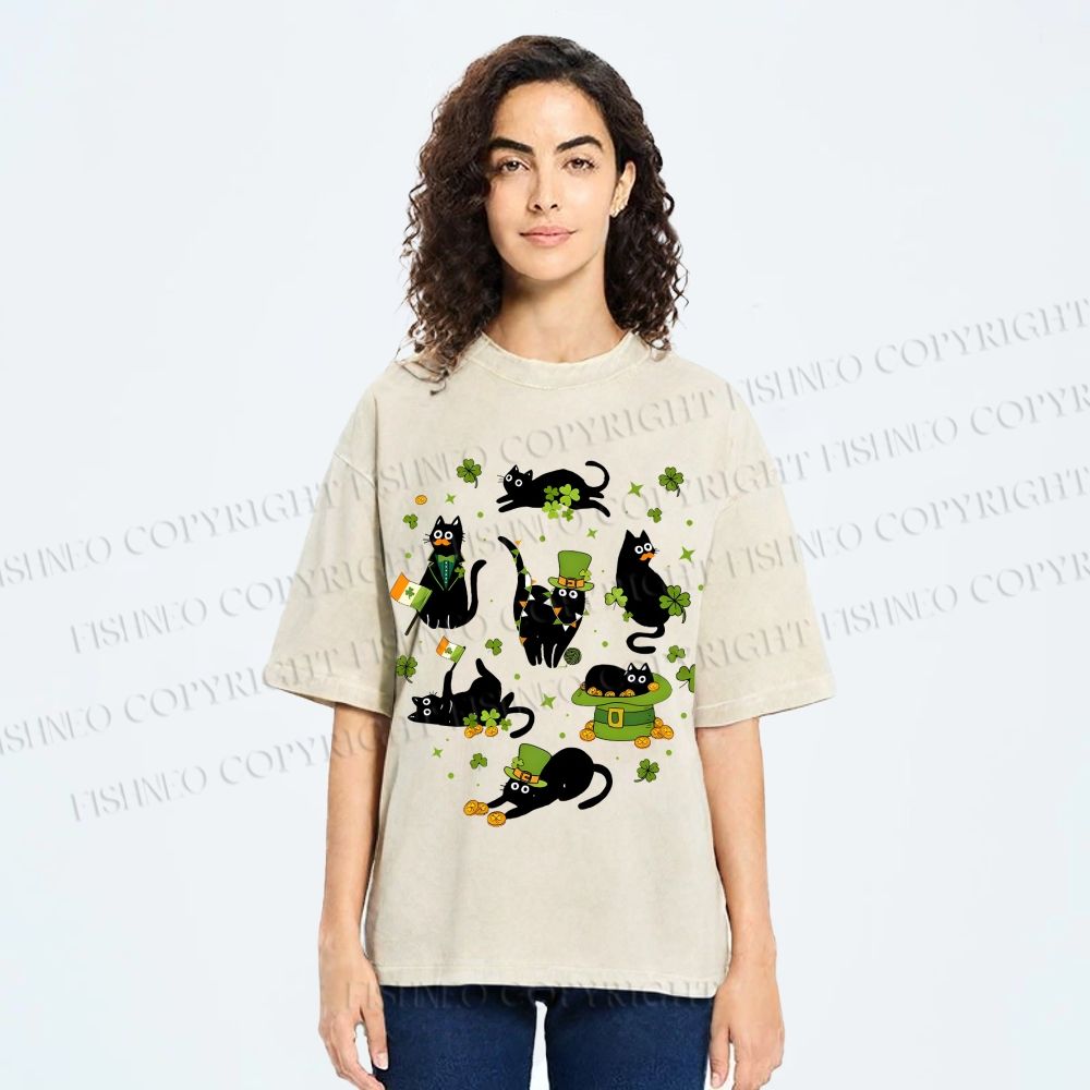 Unisex Four-Leaf Clover Cat Printed Washed Tee