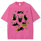 Unisex Four-Leaf Clover Cat Printed Washed Tee
