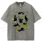 Unisex Four-Leaf Clover Cat Printed Washed Tee