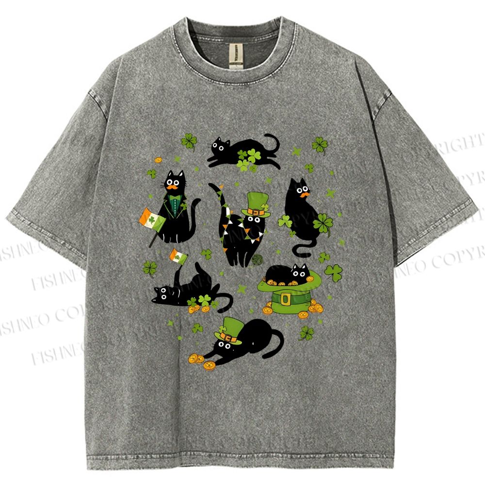 Unisex Four-Leaf Clover Cat Printed Washed Tee