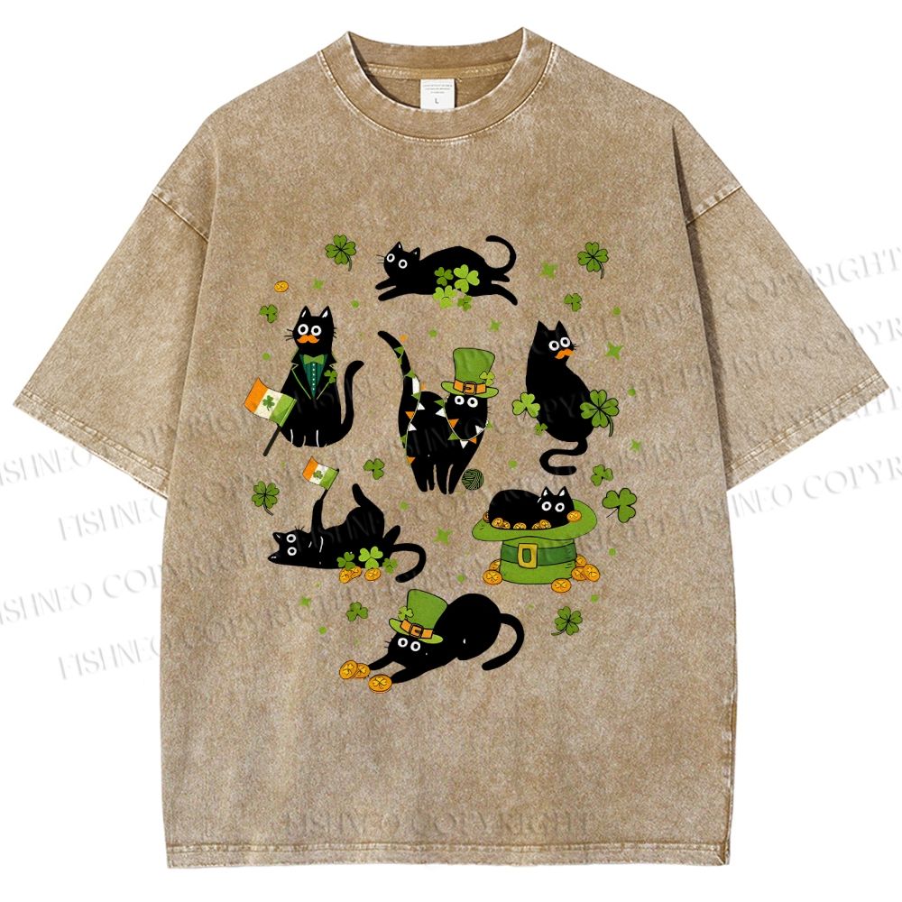 Unisex Four-Leaf Clover Cat Printed Washed Tee