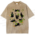 Unisex Four-Leaf Clover Cat Printed Washed Tee
