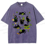 Unisex Four-Leaf Clover Cat Printed Washed Tee