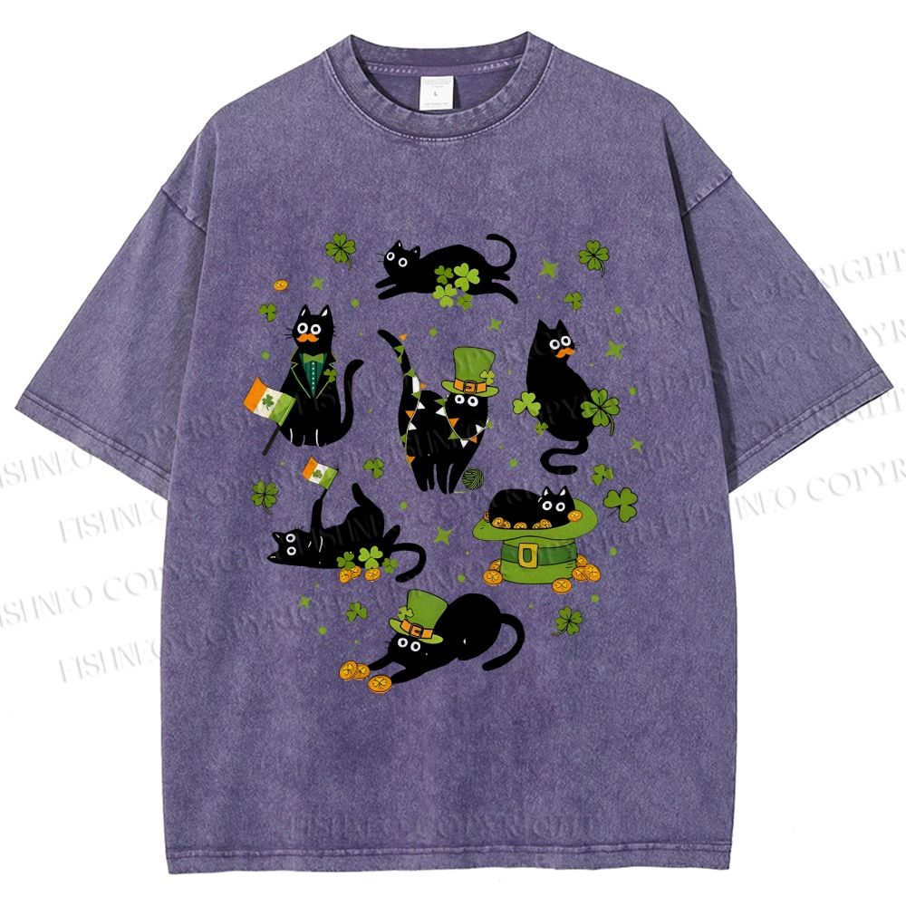 Unisex Four-Leaf Clover Cat Printed Washed Tee