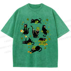 Unisex Four-Leaf Clover Cat Printed Washed Tee