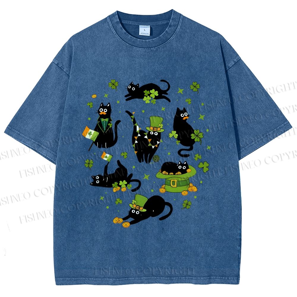 Unisex Four-Leaf Clover Cat Printed Washed Tee