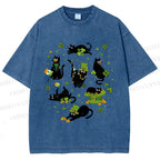 Unisex Four-Leaf Clover Cat Printed Washed Tee