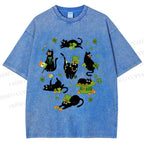Unisex Four-Leaf Clover Cat Printed Washed Tee
