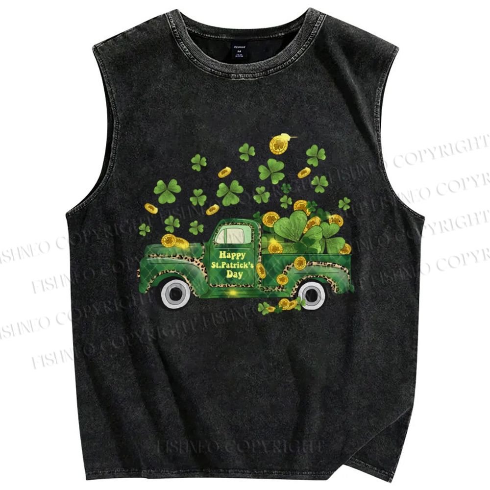 Unisex Four-Leaf Clover Car Printed Washed Tank Top