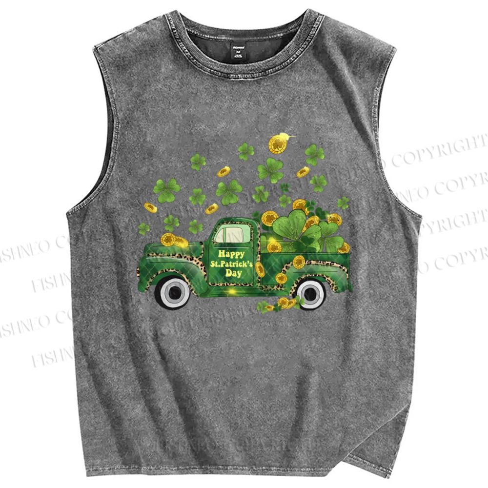 Unisex Four-Leaf Clover Car Printed Washed Tank Top