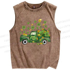 Unisex Four-Leaf Clover Car Printed Washed Tank Top