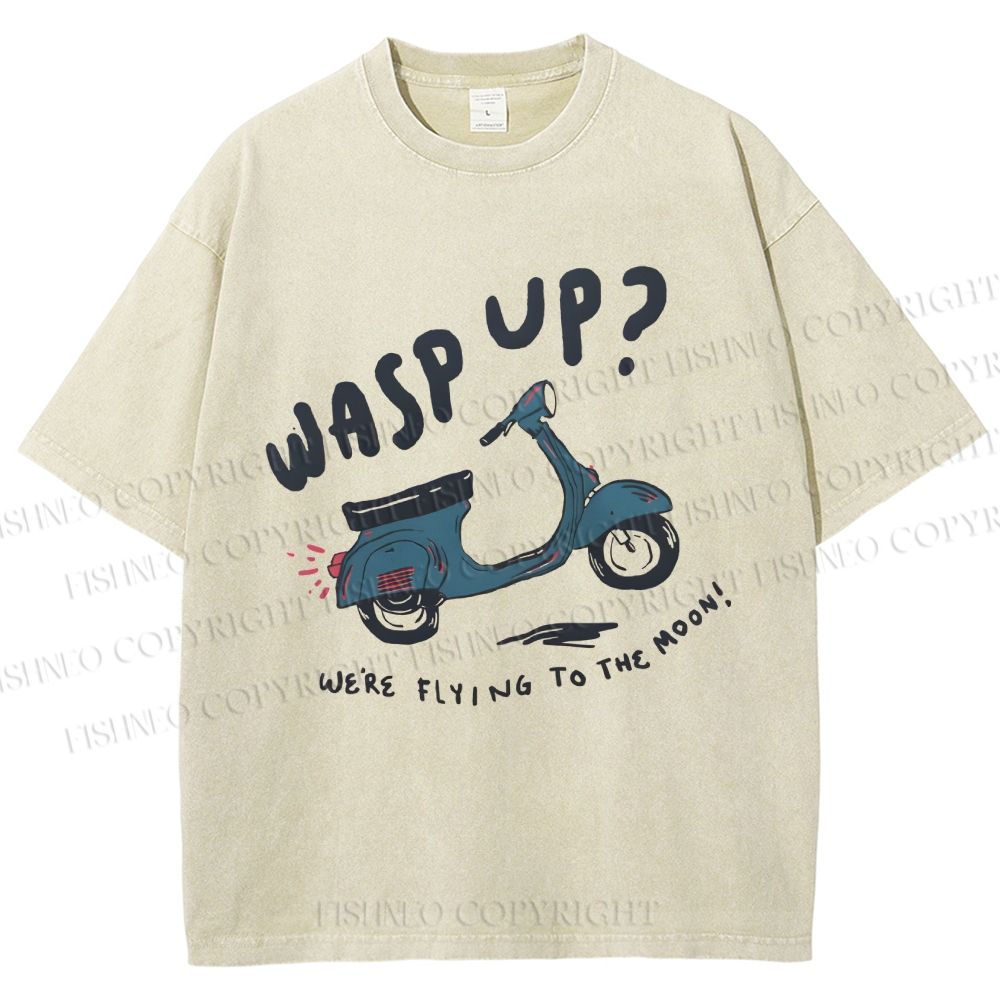 Unisex Wasp Up We're Flying To The Moon Motorcycles Printed Washed Tee