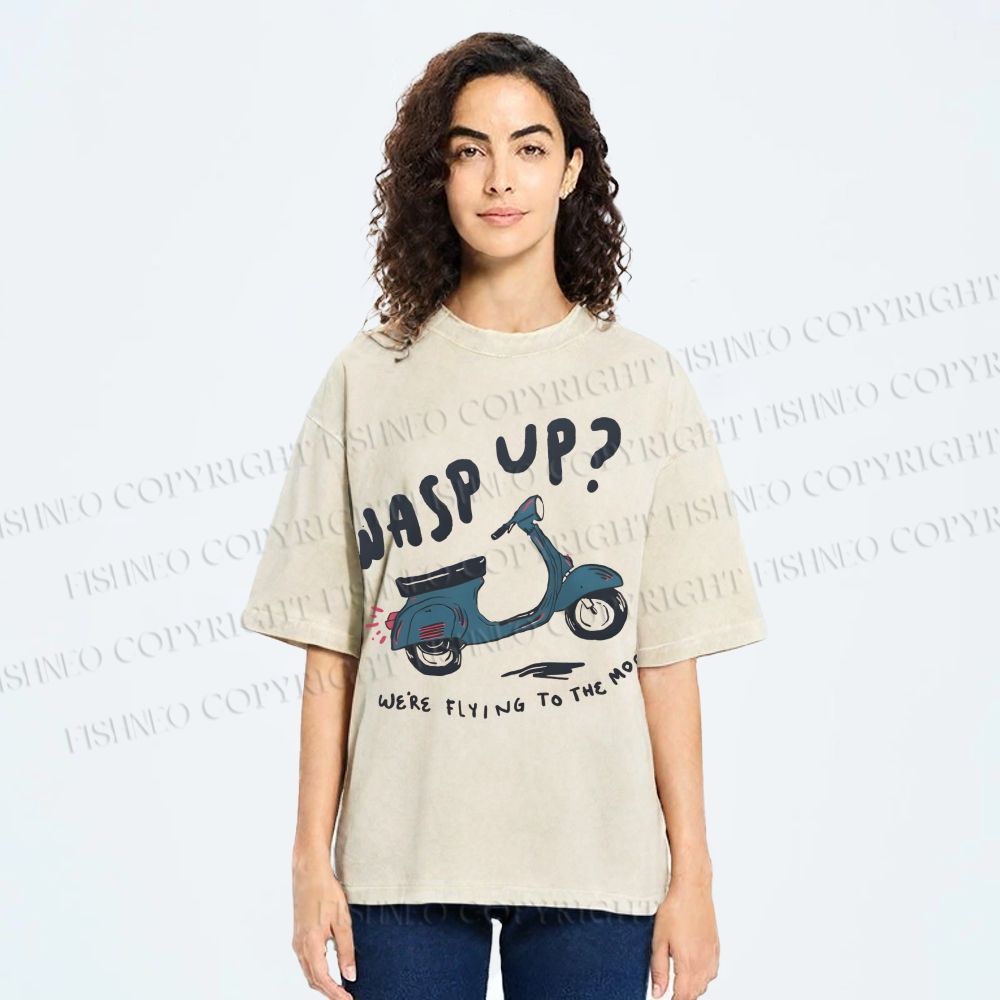 Unisex Wasp Up We're Flying To The Moon Motorcycles Printed Washed Tee
