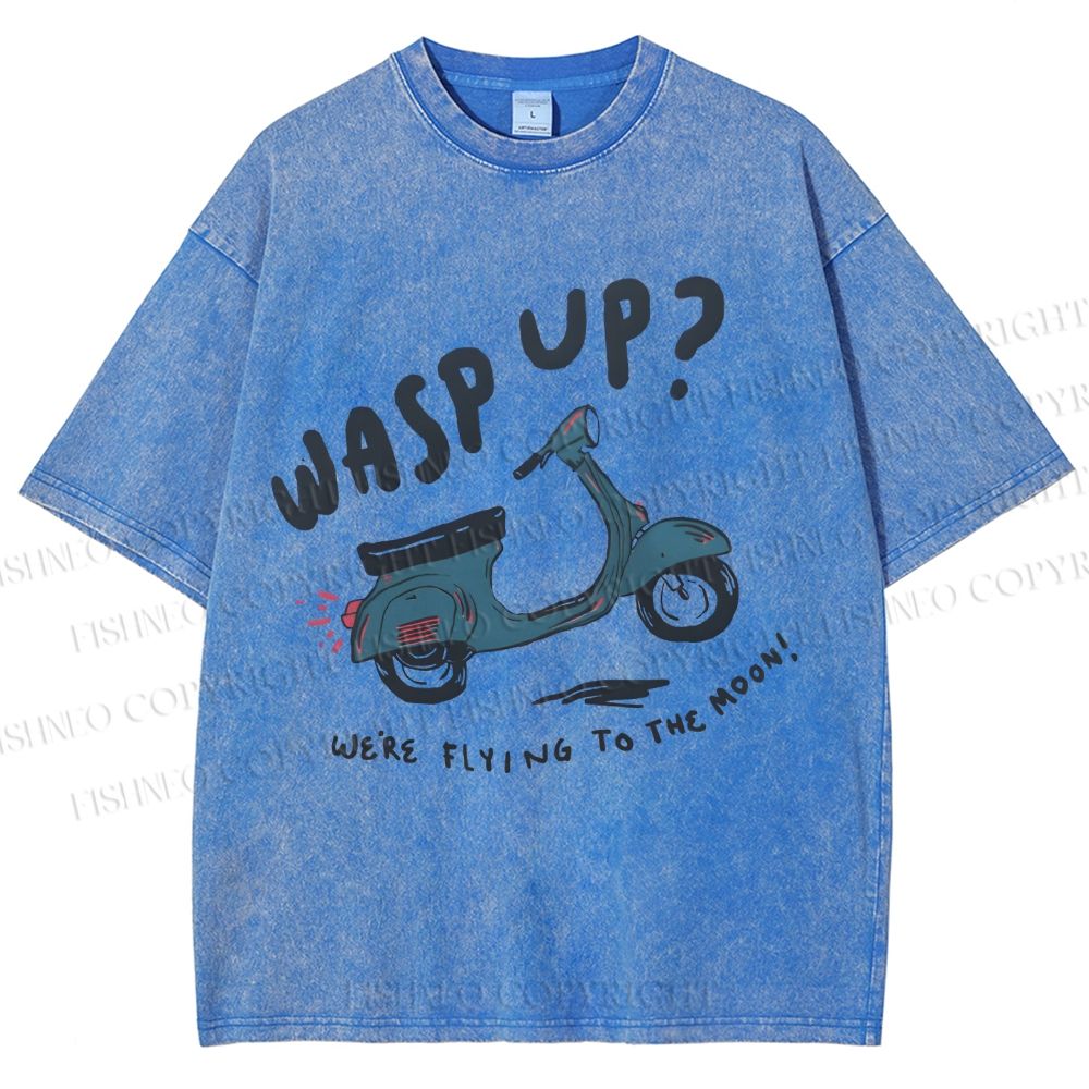 Unisex Wasp Up We're Flying To The Moon Motorcycles Printed Washed Tee