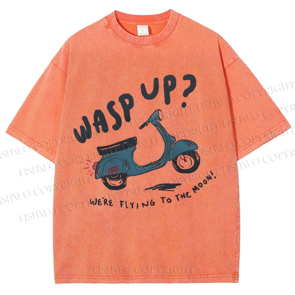 Unisex Wasp Up We're Flying To The Moon Motorcycles Printed Washed Tee