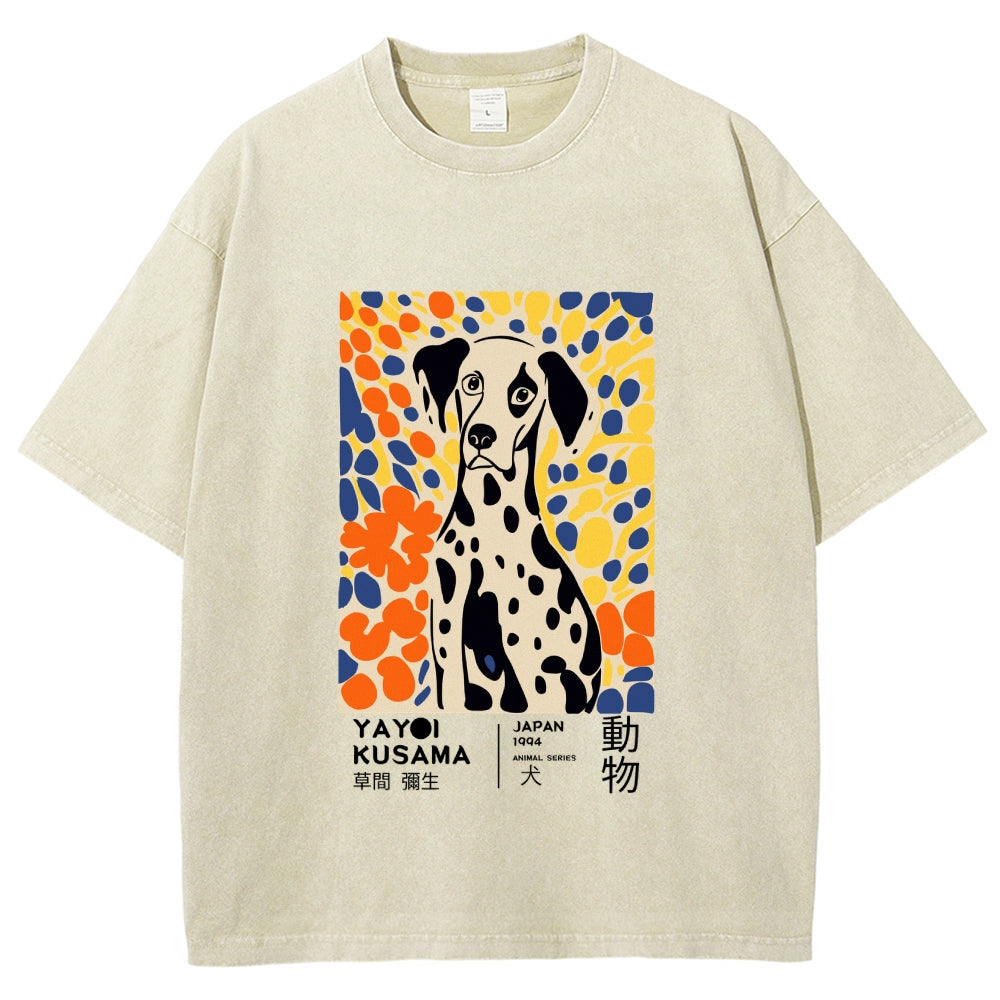 Unisex Yayoi Kusama Dog Printed Washed Tee